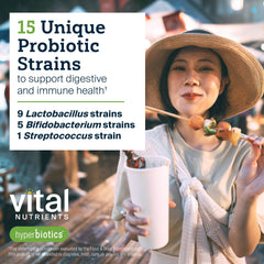 Hyperbiotics Vital Nutrients Pro-15 chart showing 15 probiotic strains.