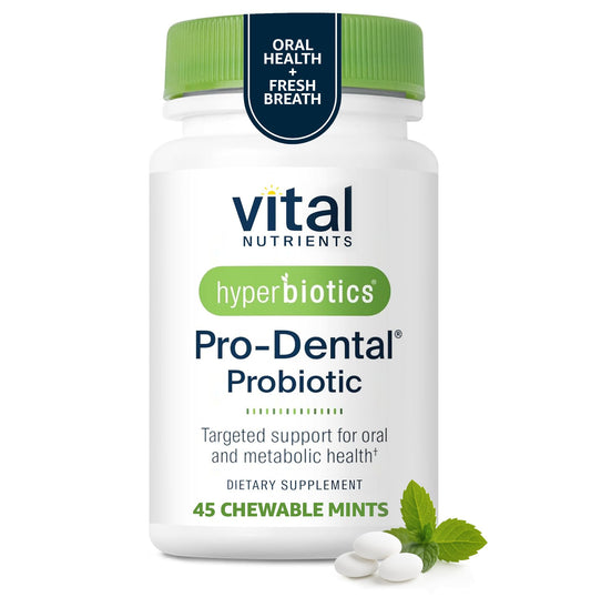Hyperbiotics Vital Nutrients Pro Dental bottle front promotes fresh breath support