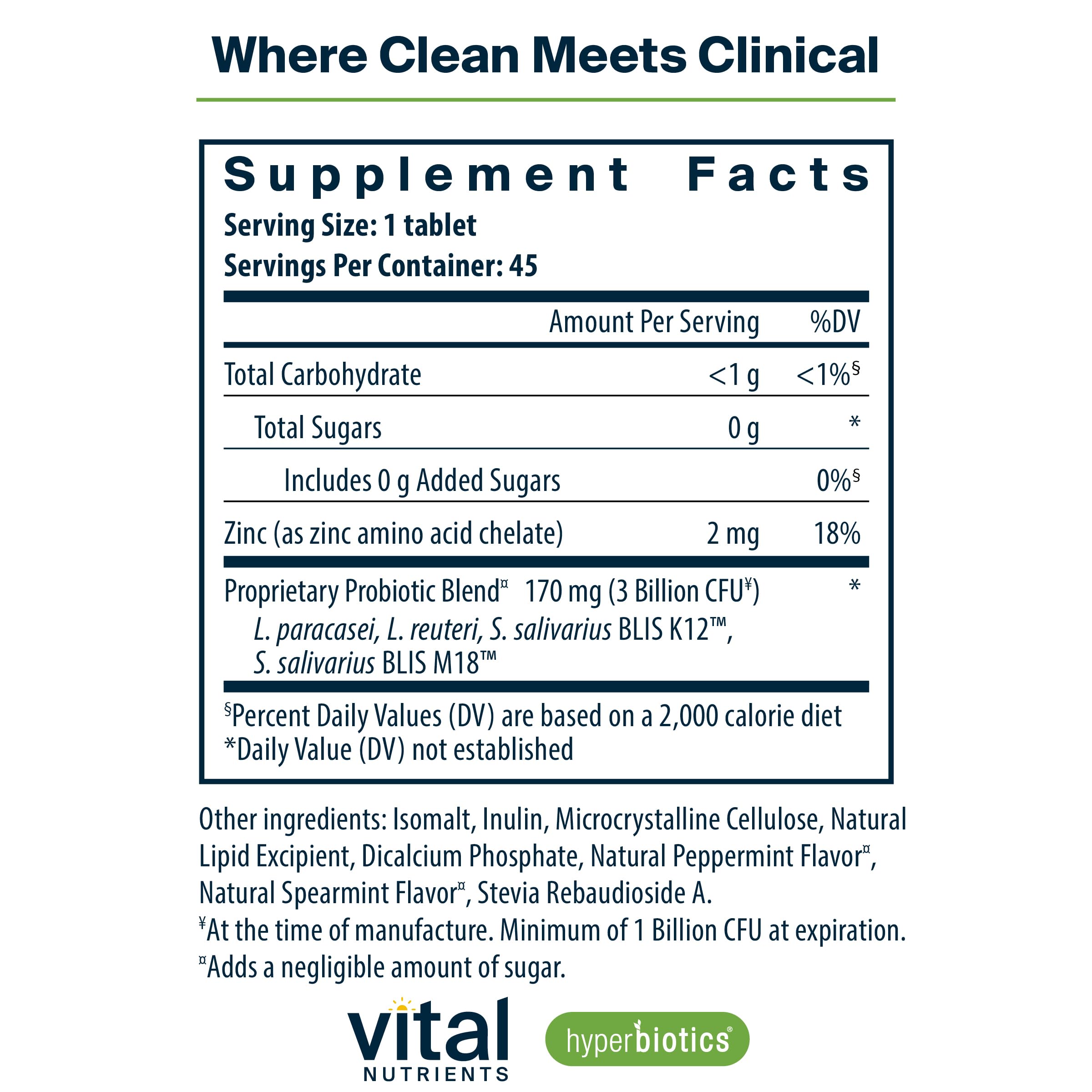Hyperbiotics Vital Nutrients Pro Dental mint tablet close-up for daily use