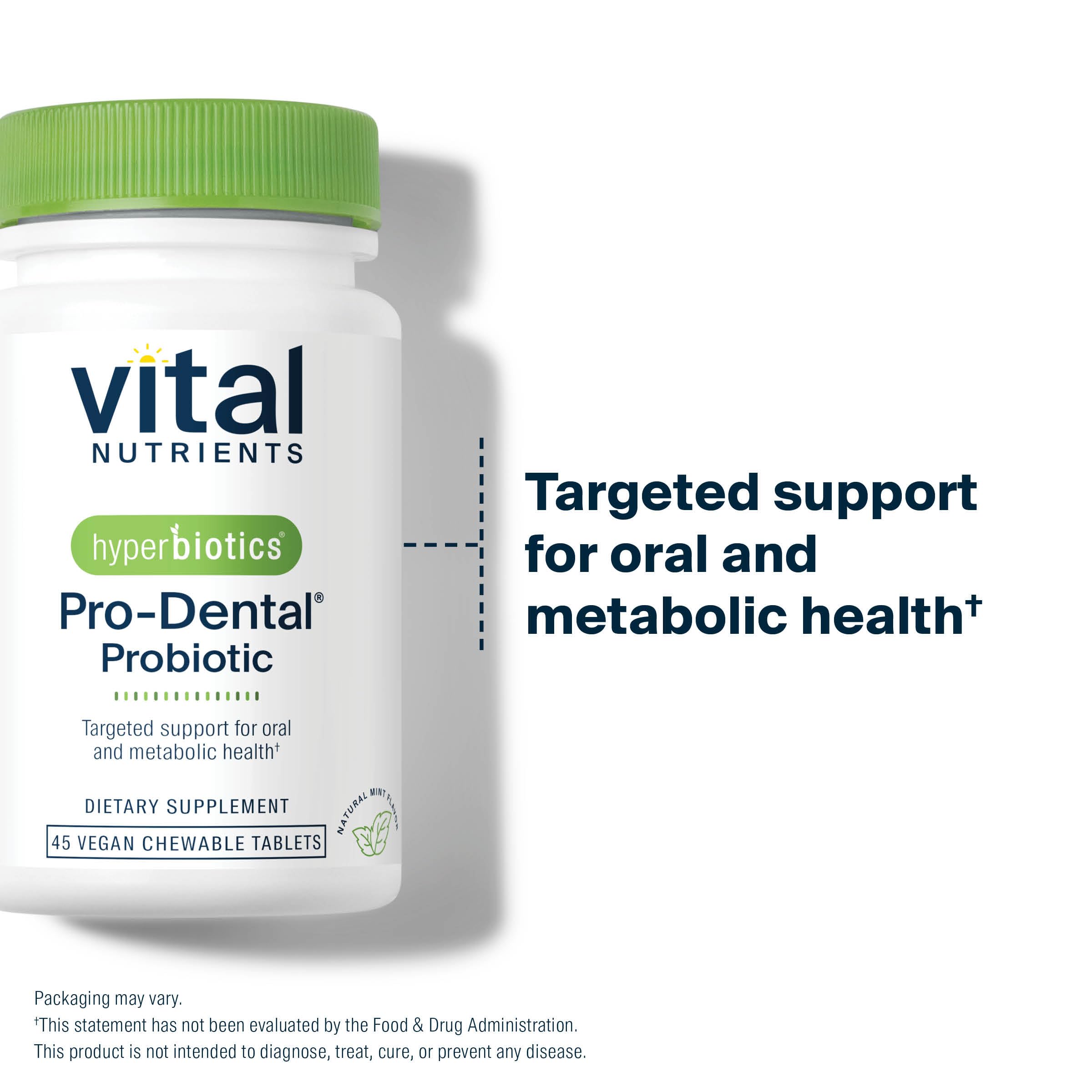 Hyperbiotics Vital Nutrients Pro Dental vegan symbol close-up indicating dairy-free formula