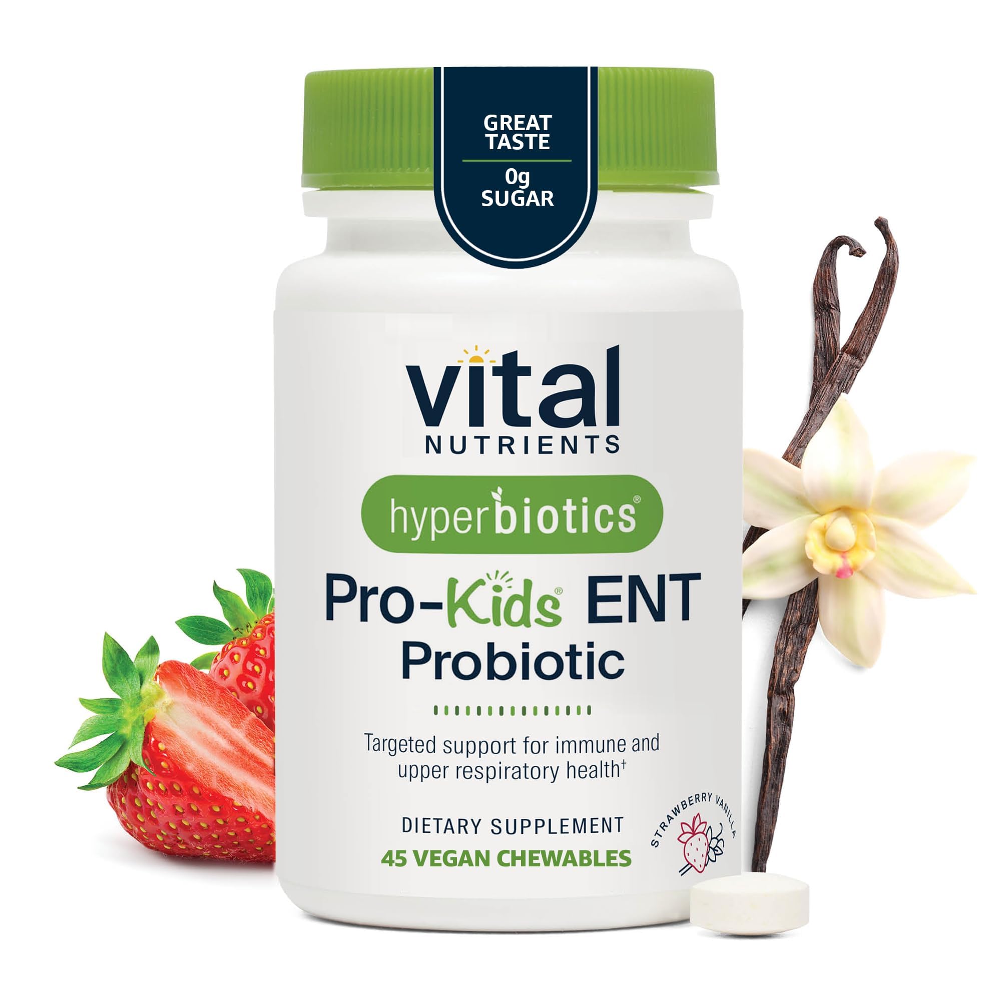 Hyperbiotics Vital Nutrients Pro Kids Probiotic ENT bottle with kid-friendly branding and probiotic support.