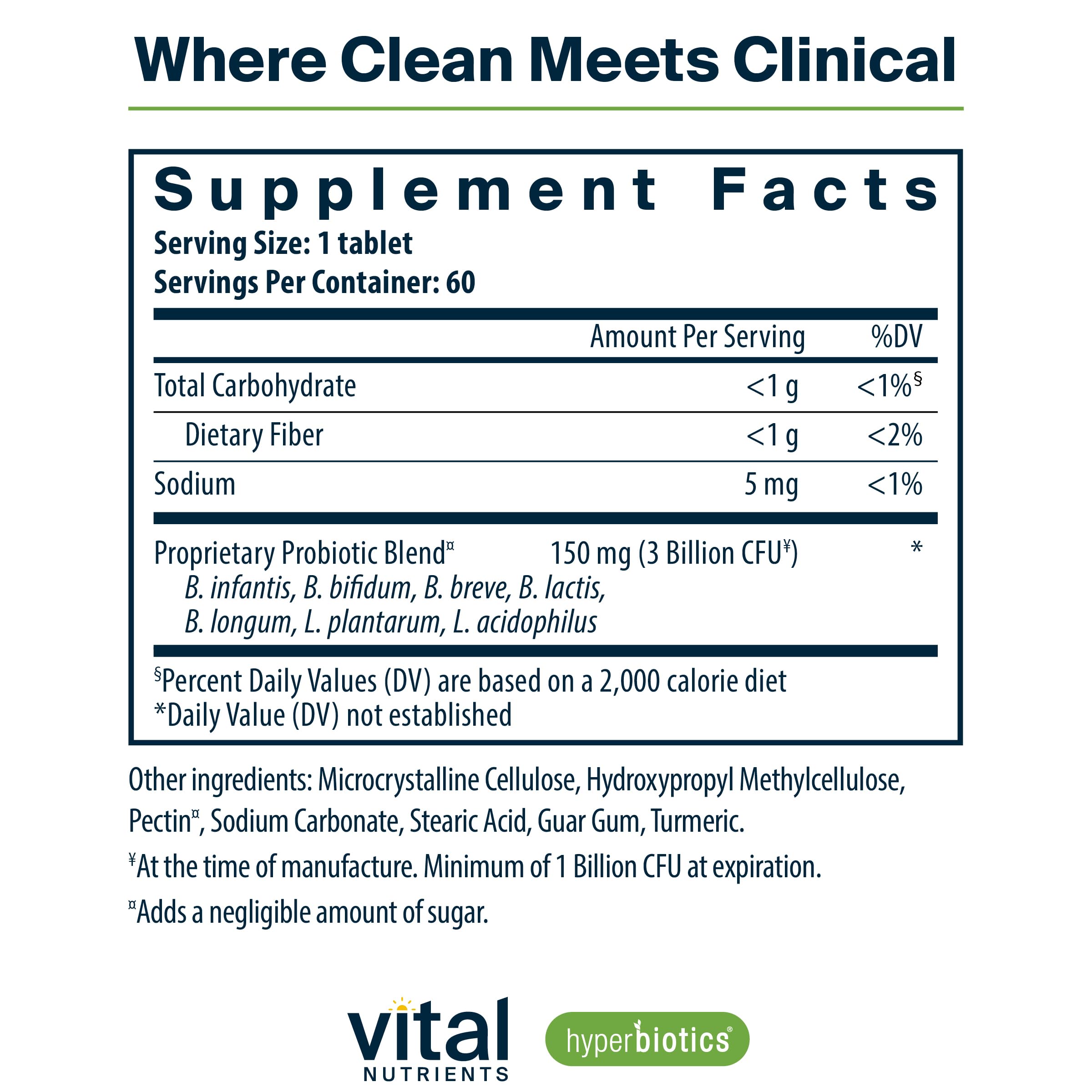 Hyperbiotics Vital Nutrients tablet close-up highlighting easy-to-swallow daily dose