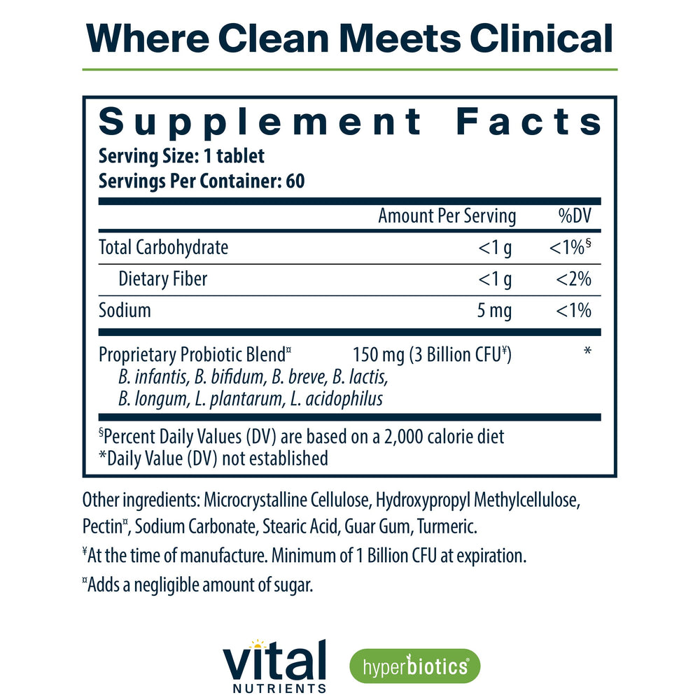 Hyperbiotics Vital Nutrients tablet close-up highlighting easy-to-swallow daily dose