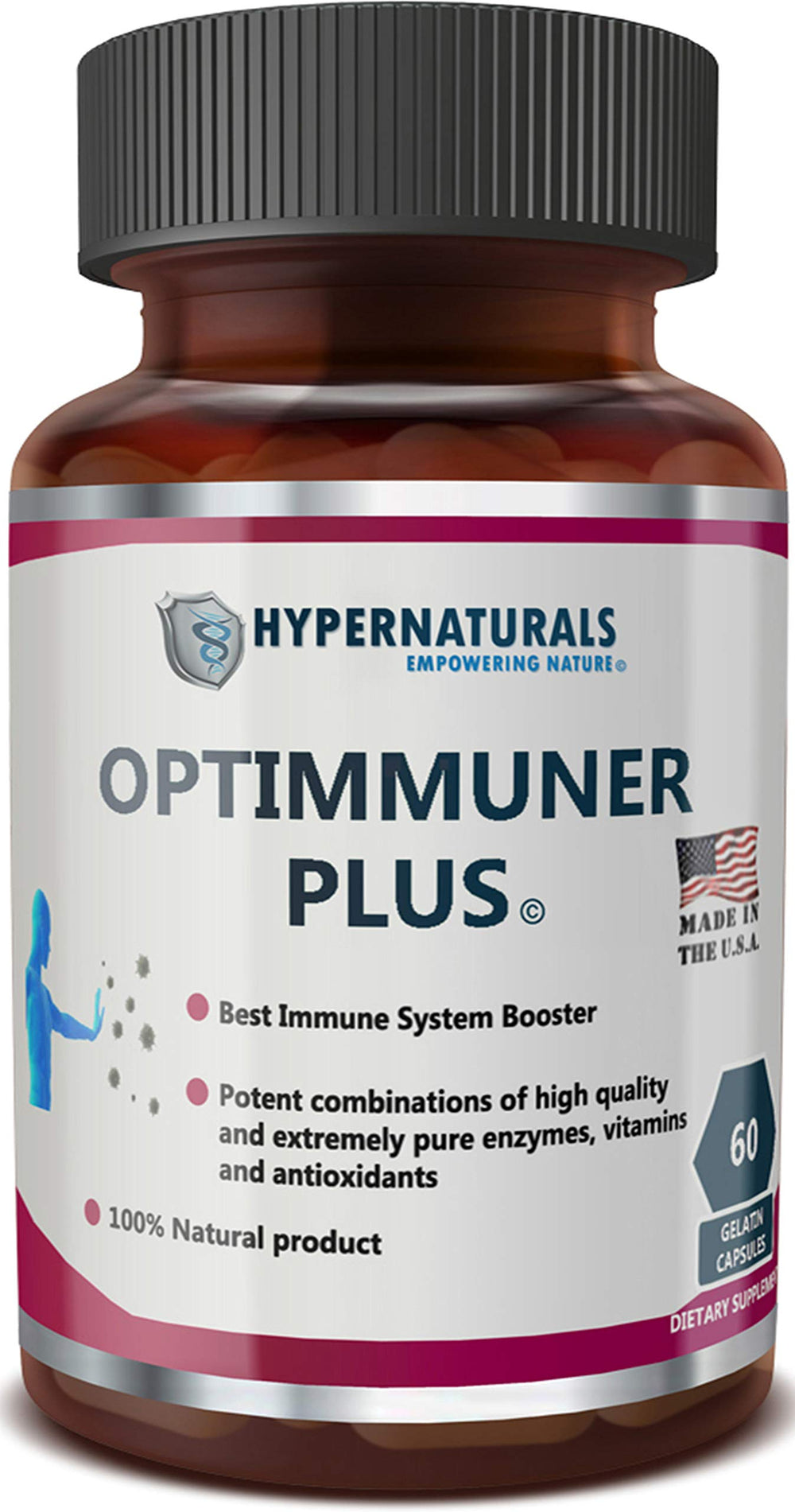 Hypernaturals OPTIMMUNER Plus bottle label highlights immune support benefits.