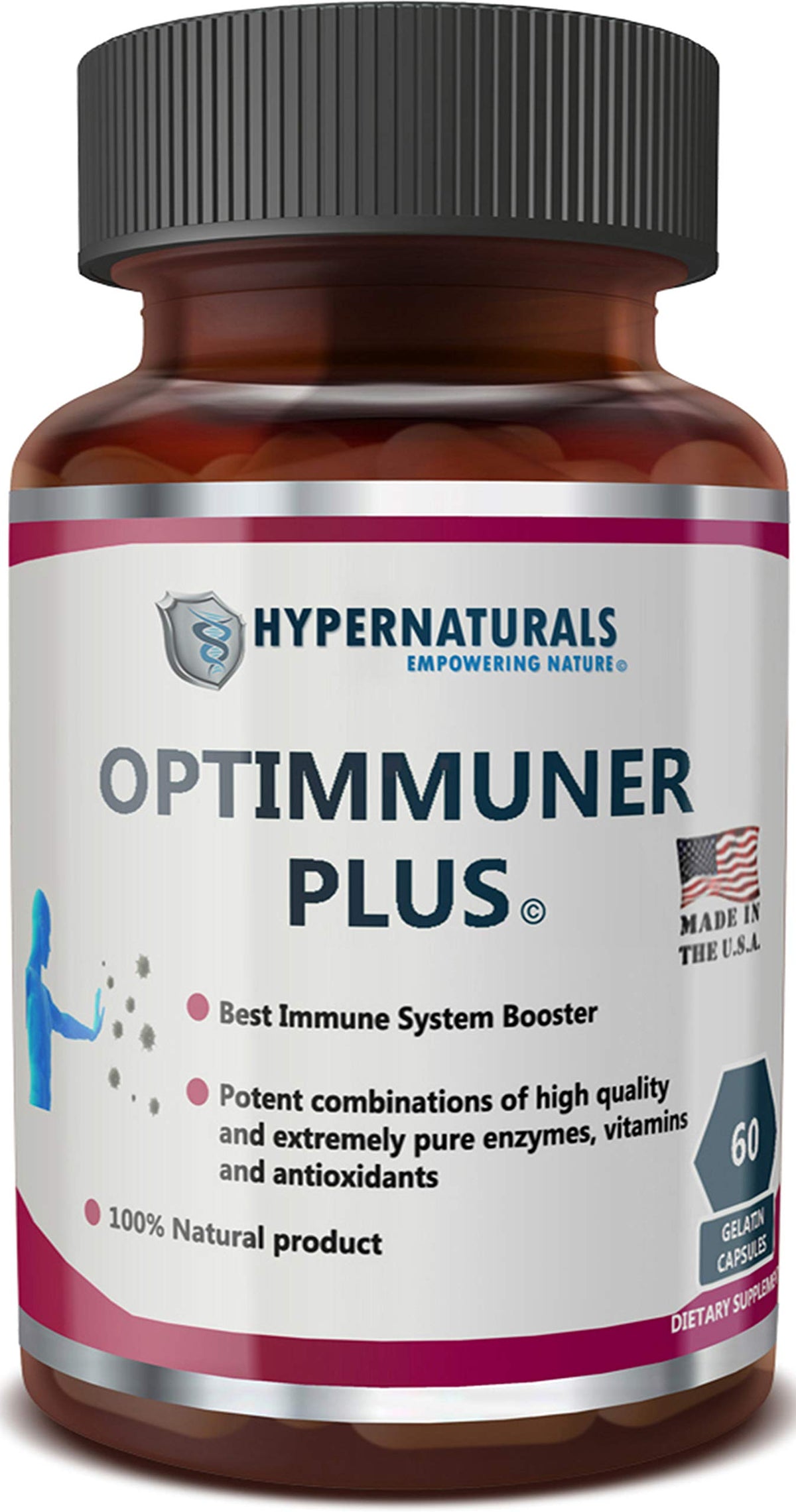 Hypernaturals OPTIMMUNER Plus bottle label highlights immune support benefits.