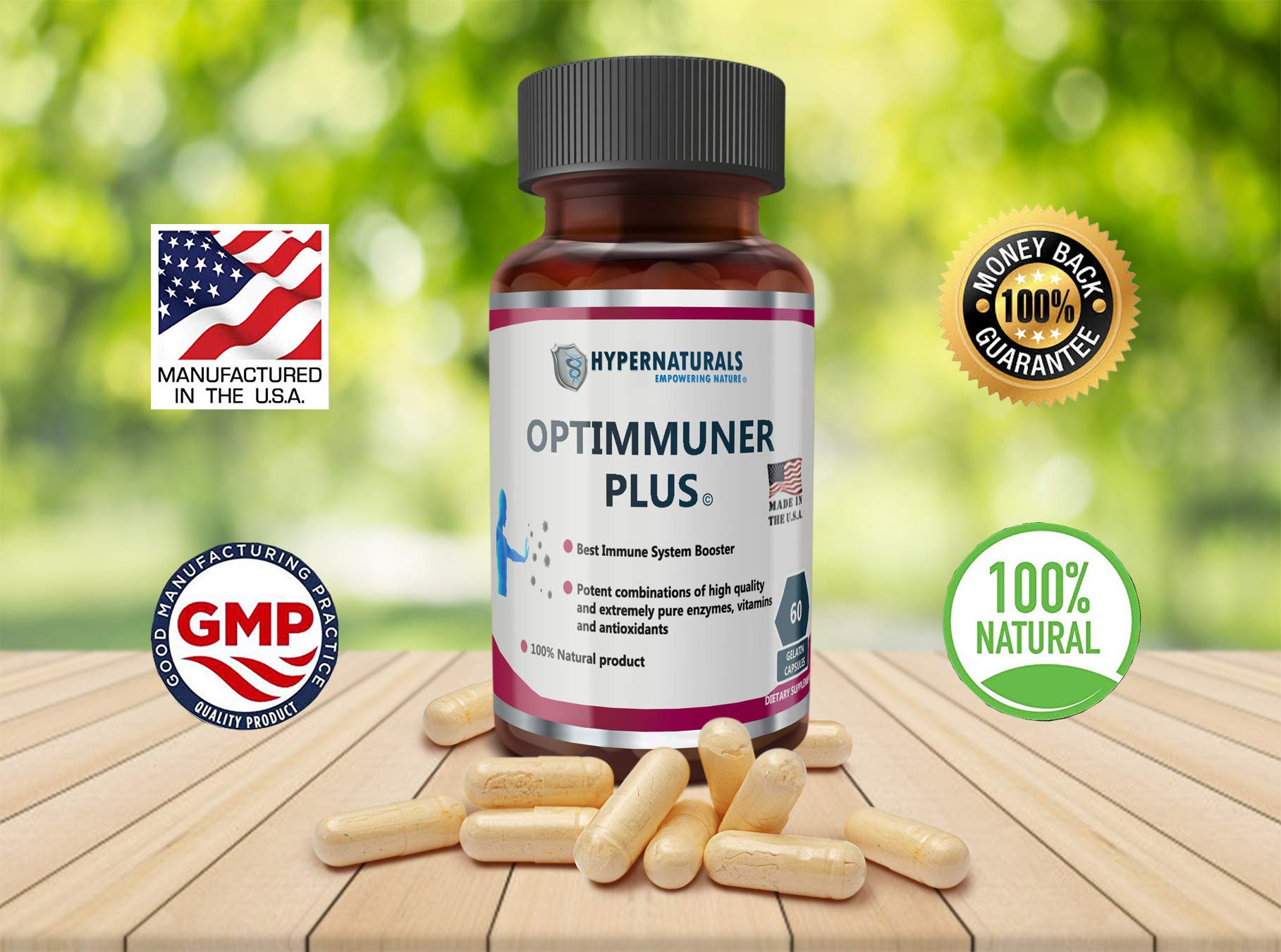 Hypernaturals OPTIMMUNER Plus bottle on a tidy countertop setup.
