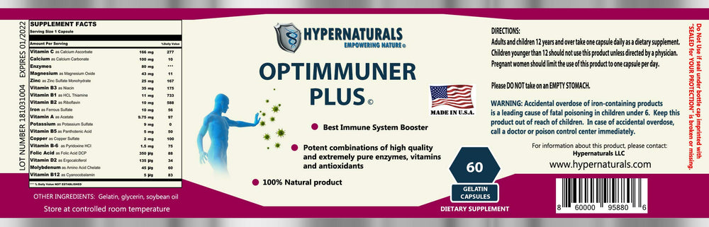 Hypernaturals OPTIMMUNER Plus ingredients list emphasizes vitamins and enzymes.