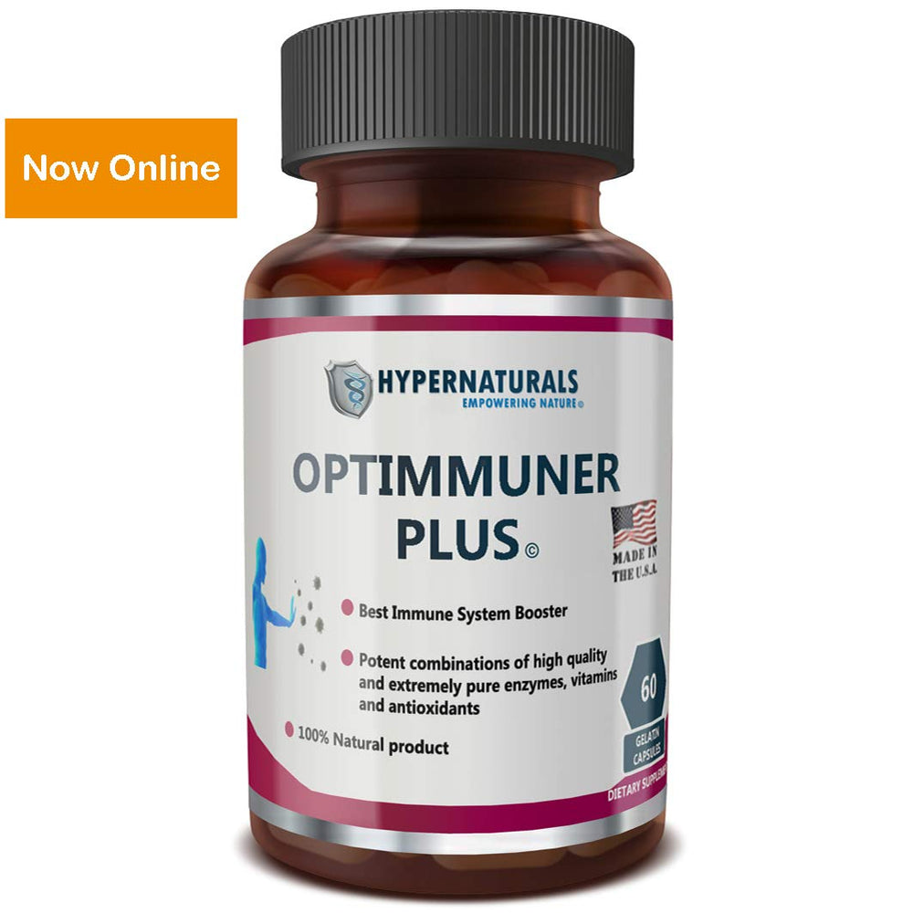 Hypernaturals OPTIMMUNER Plus USA-made facility badge on packaging.
