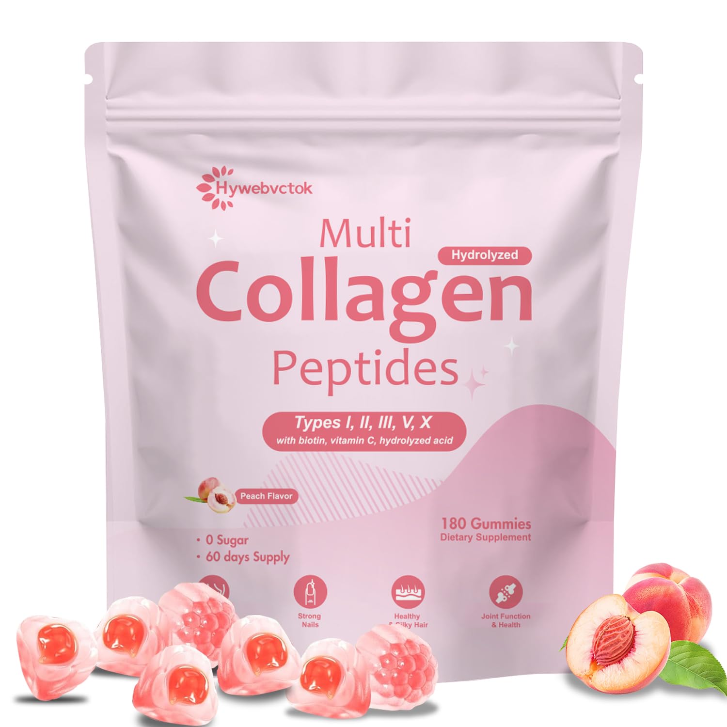 Hywebvctok collagen gummies jar front, peach flavor, for daily beauty and wellness support.
