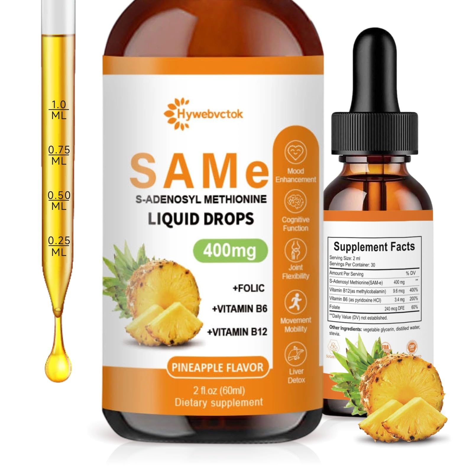 Hywebvctok Liquid SAM-E Drops bottle being poured for convenient daily support