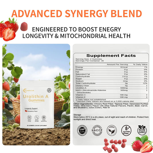 Hywebvctok Urolithin A gummies closeup highlighting strawberry flavor and 500 mg per serving
