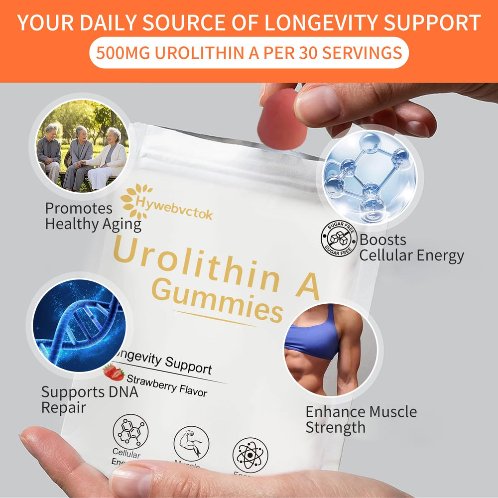 Hywebvctok Urolithin A strawberry flavor closeup communicates tasty, convenient wellness support