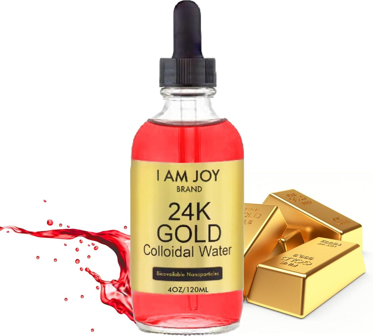 I Am Joy co. liquid gold bottle front view highlights premium 24K gold content.