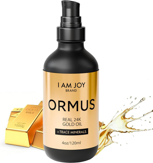 I Am Joy Co. Ormus Gold Oil bottle with mineral-rich composition for daily mindfulness.