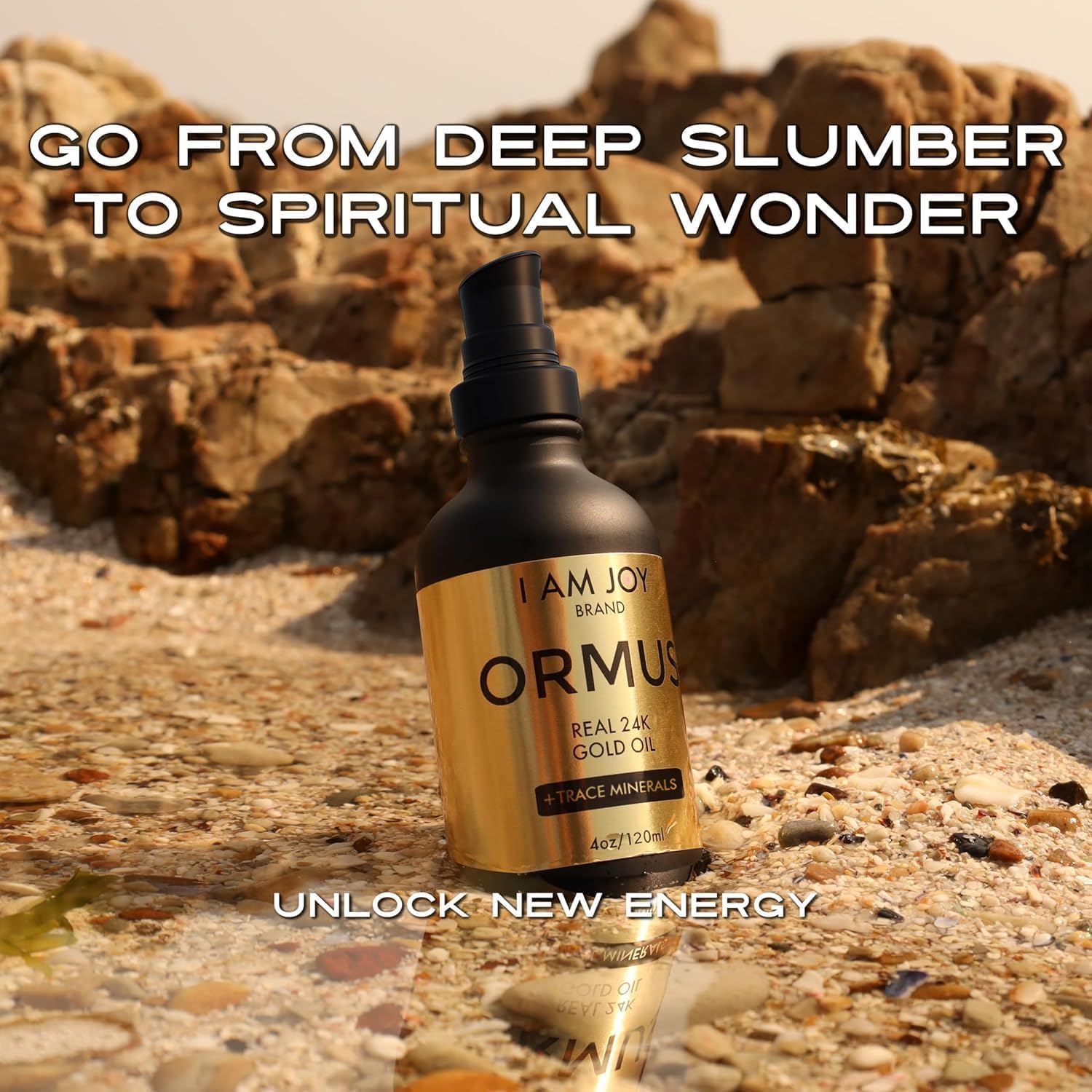 I Am Joy Co. Ormus Gold Oil label close-up highlighting premium materials.