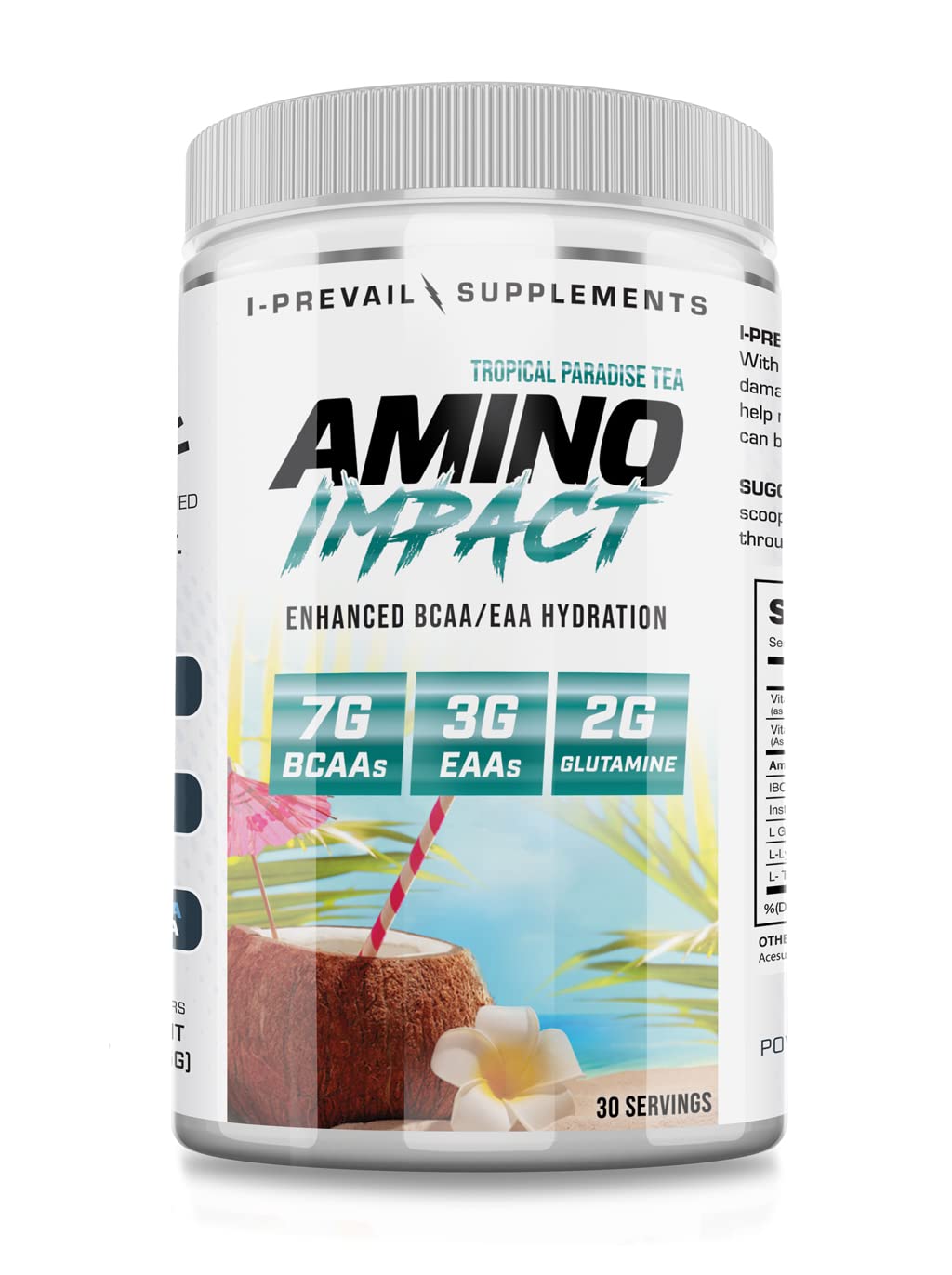 I-Prevail Amino Impact bottle pour with Tropical Paradise Tea flavor highlighting hydration support