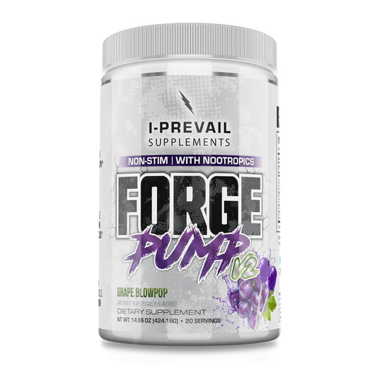 I-Prevail Forge Pump V2 grape blowpop bottle highlights vascular-focused, non-stim pump support.