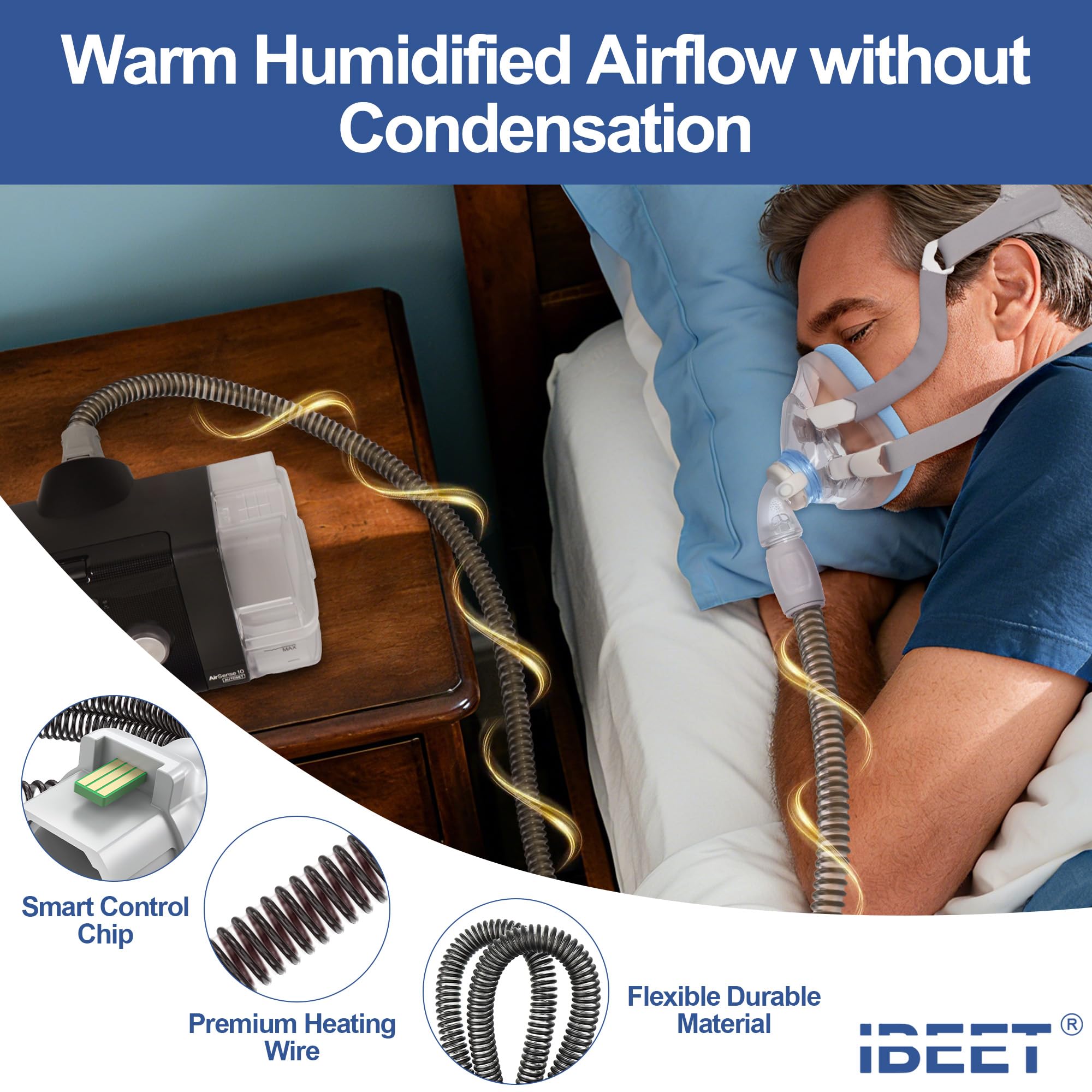 IBEET AirSense 10 compatible hose showing universal fit for nightly use.