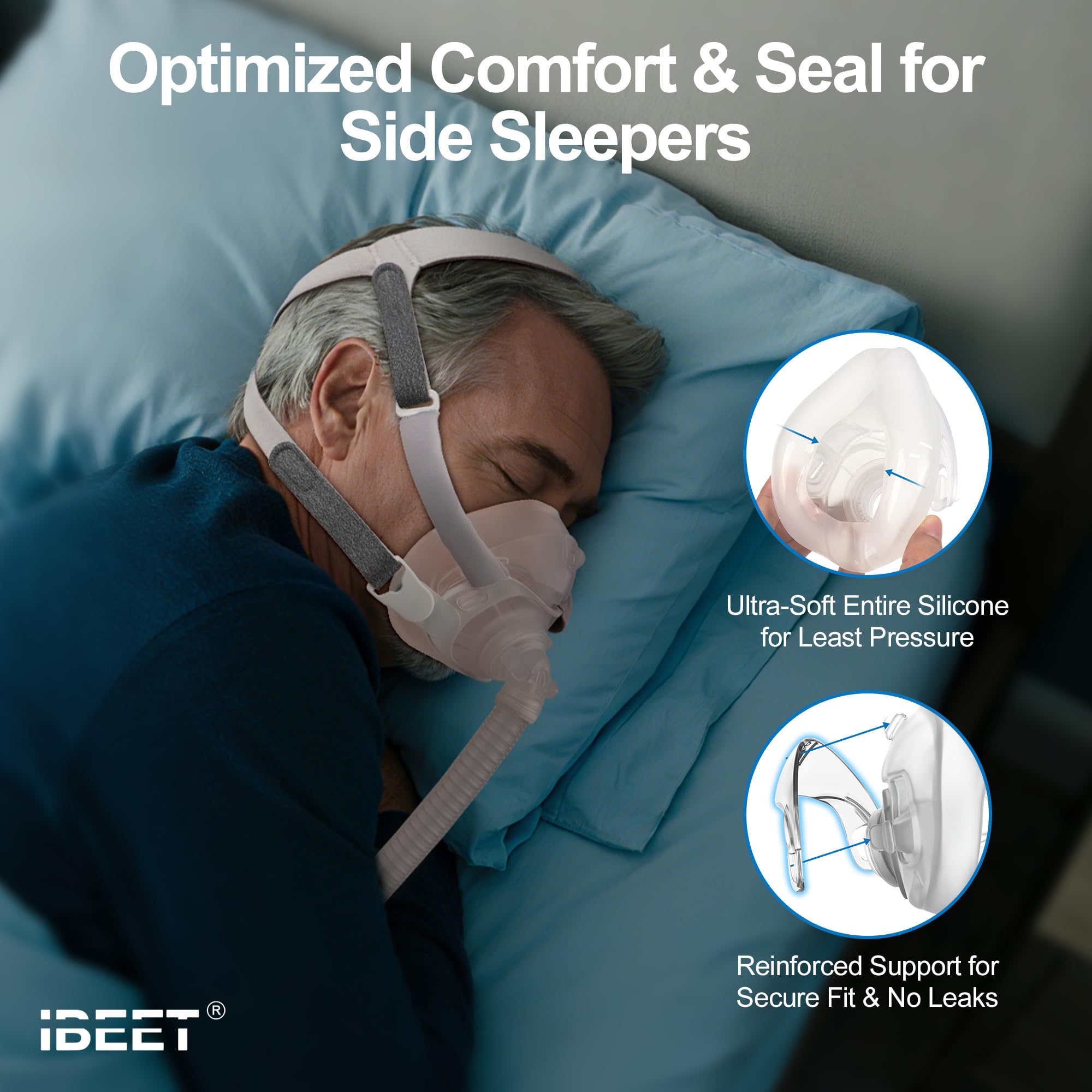 IBEET cushion AirFit F40, side view, reduces pressure points for extended sleep.
