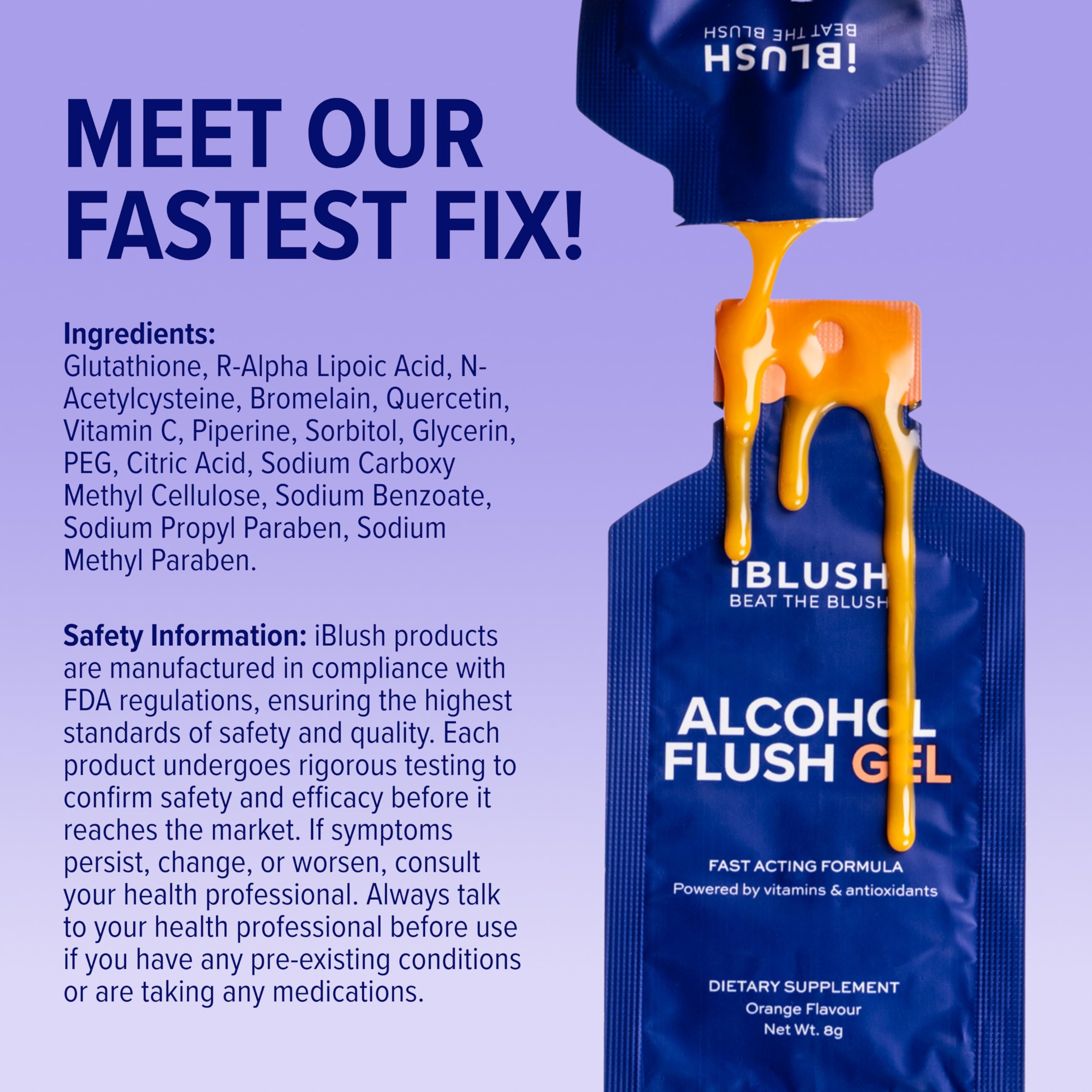 IBLUSH Asian Flush Gel texture close-up shows smooth orange gel for quick support.