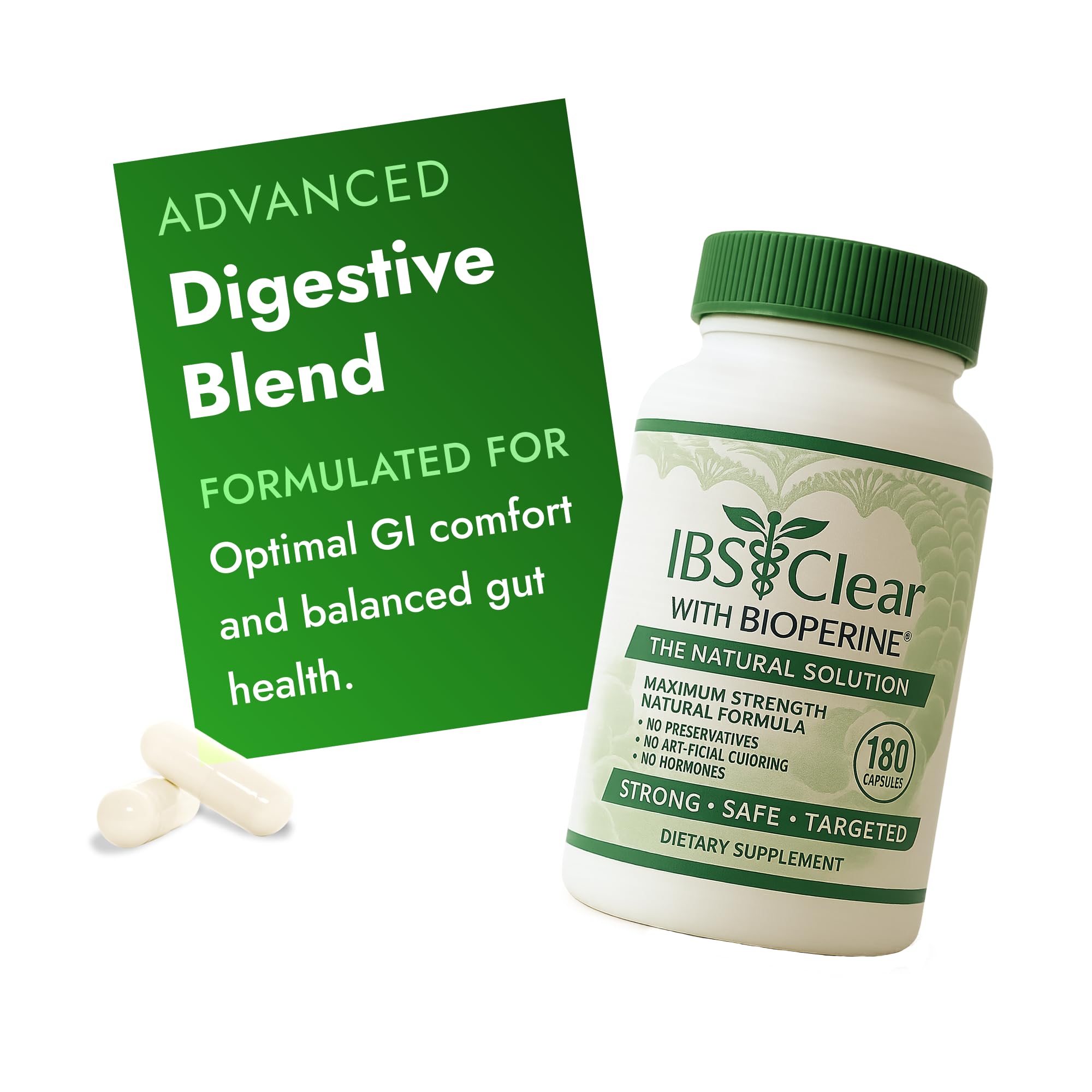 IBS Clear bottle and capsules for daily digestive support.