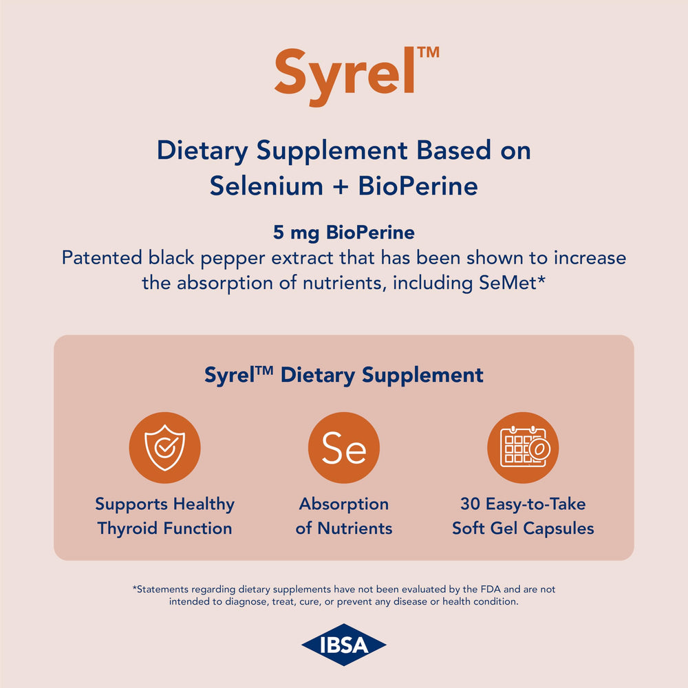 Ibsa Syrel bottle pouring softgels into hand for simple daily dosing.