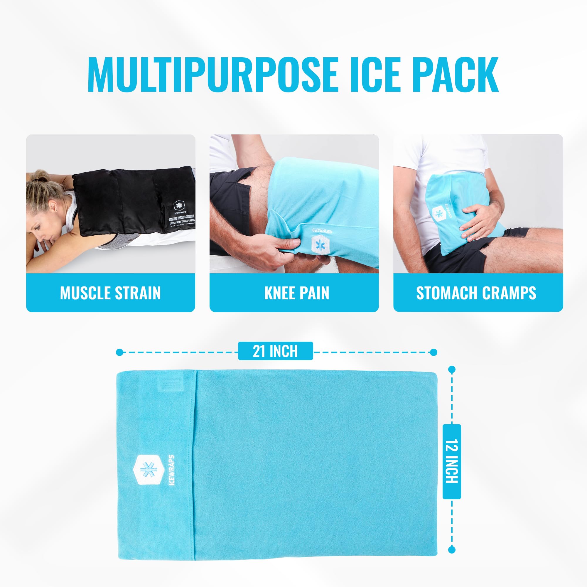 ICEWRAPS flexible moldable pack contouring to the body for relief.
