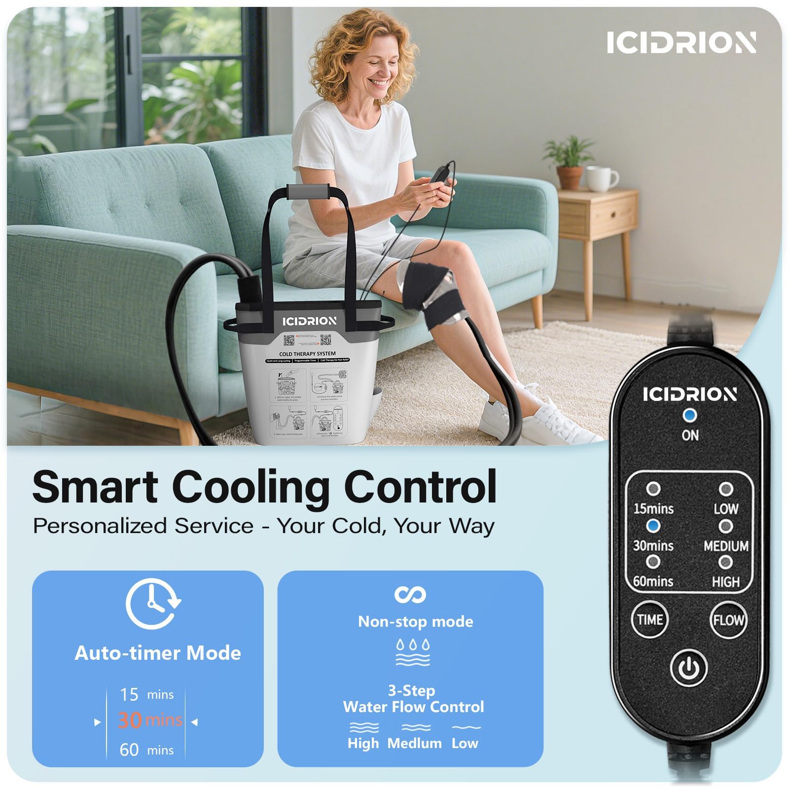 ICIDRION programmable therapy timer and flow settings customize knee cryotherapy sessions.