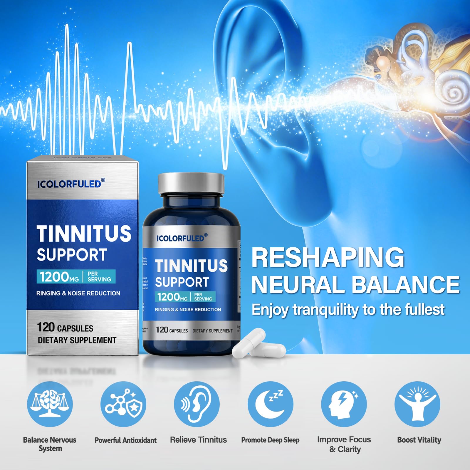 icolorfuled ingredients panel lists vitamins supporting ear comfort.