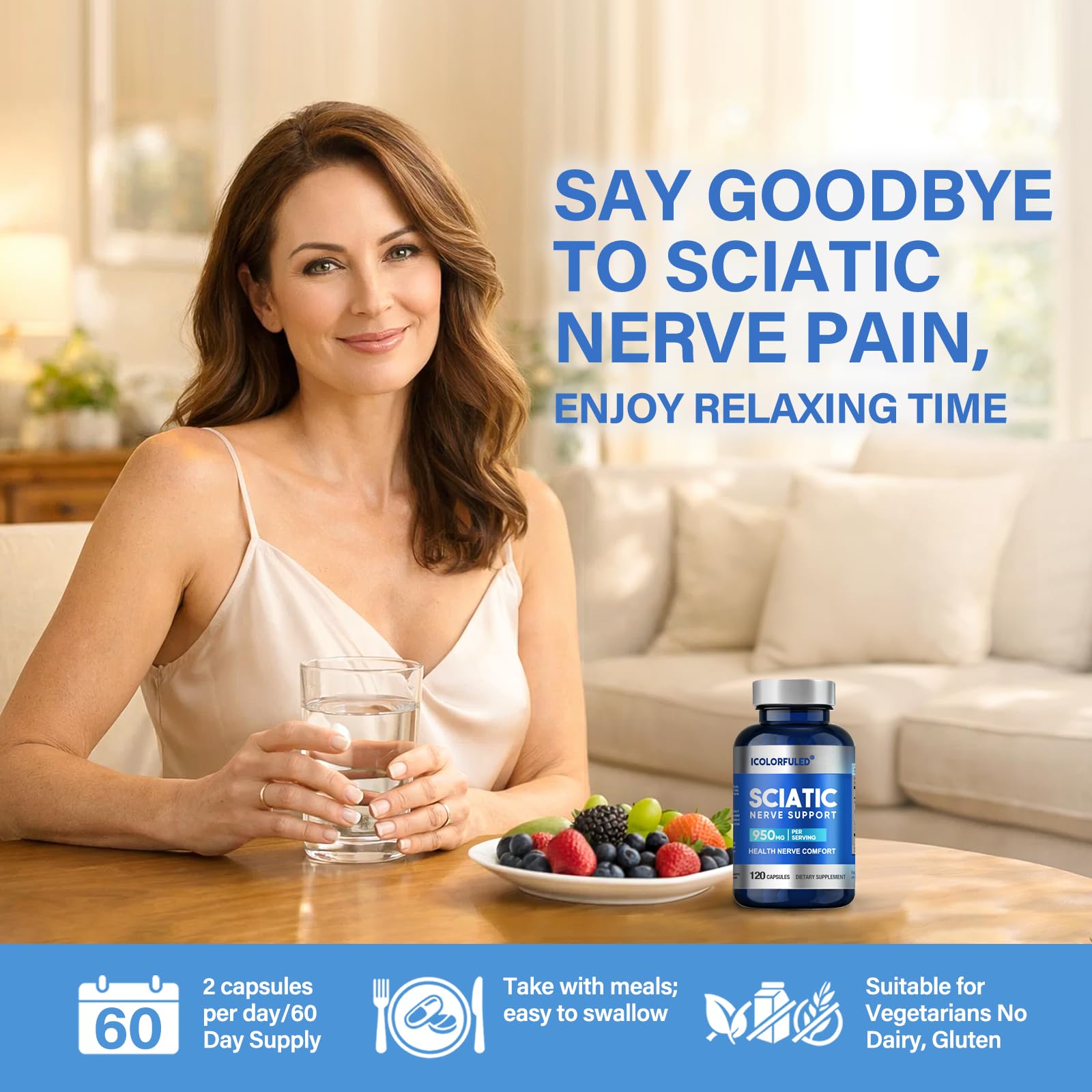 icolorfuled sciatic nerve capsules daily-dose setup on kitchen counter