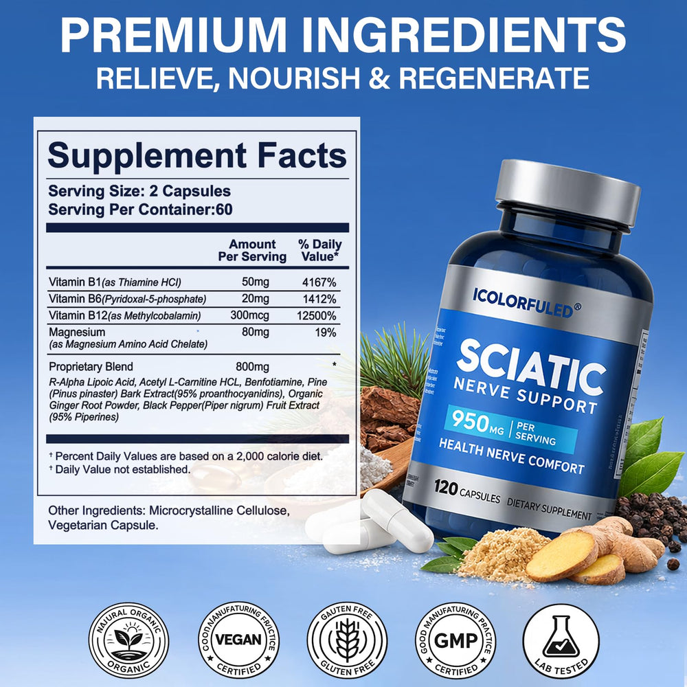 icolorfuled sciatic nerve capsules in hand with compact bottle for travel