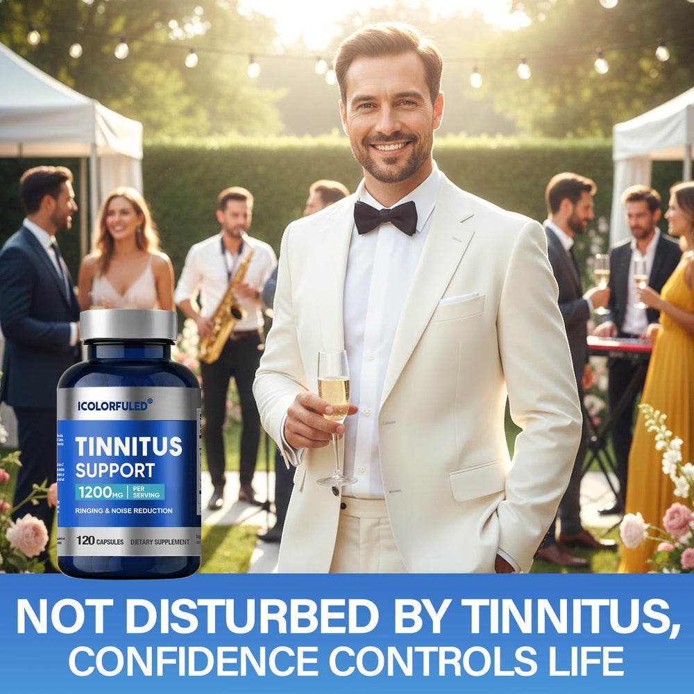 icolorfuled tinnitus relief bottle front clearly displays labeling for easy use.