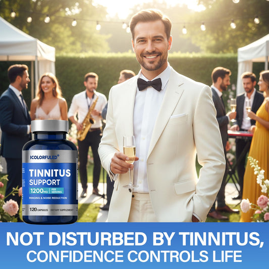 icolorfuled tinnitus relief bottle front clearly displays labeling for easy use.