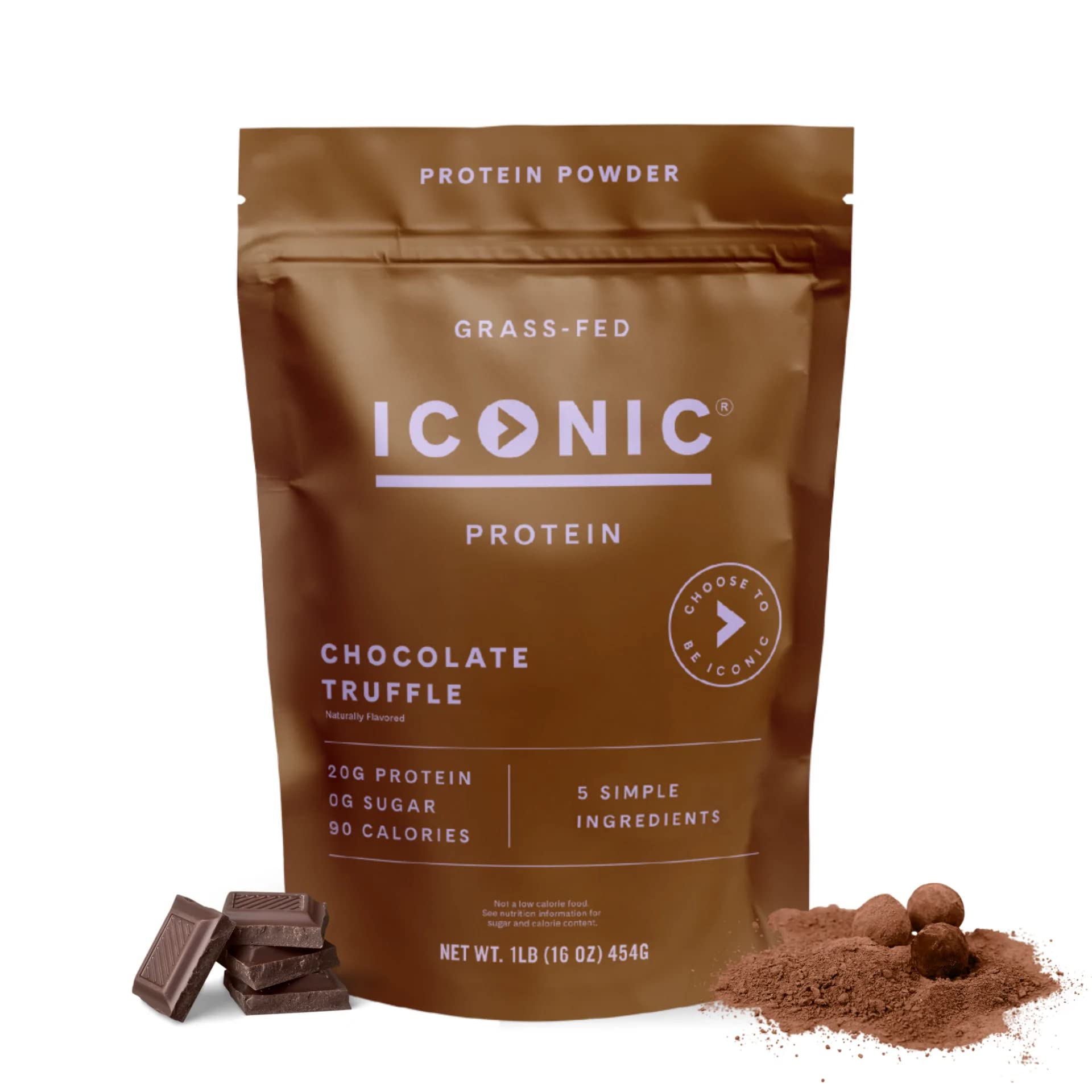 ICONIC Protein Powder Chocolate Truffle packaging highlights sugar-free, low-carb indulgence.