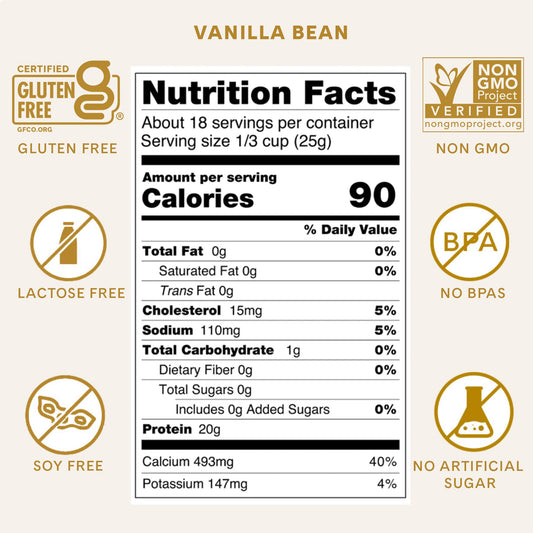 ICONIC Vanilla Bean scoop beside powder for quick, on-the-go protein boosts.