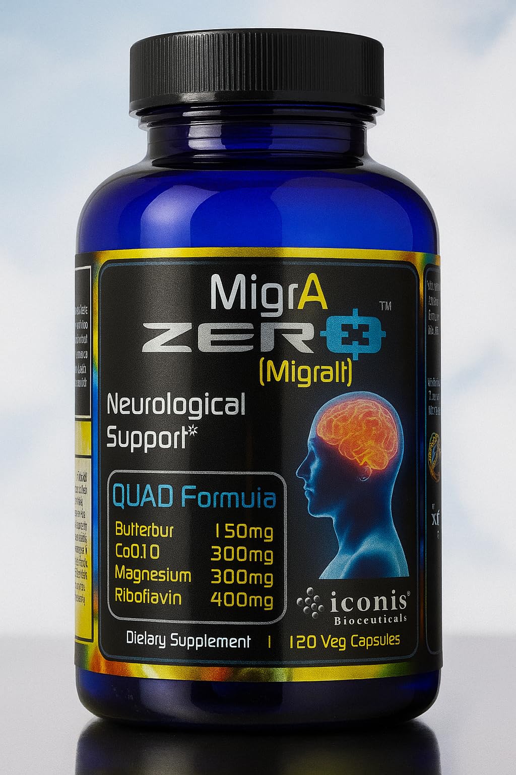 Iconis Migraine Zero bottle front view showing PA-Free butterbur for migraine support.