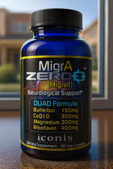 Iconis Migraine Zero riboflavin bottle highlighting 400 mg per serving.