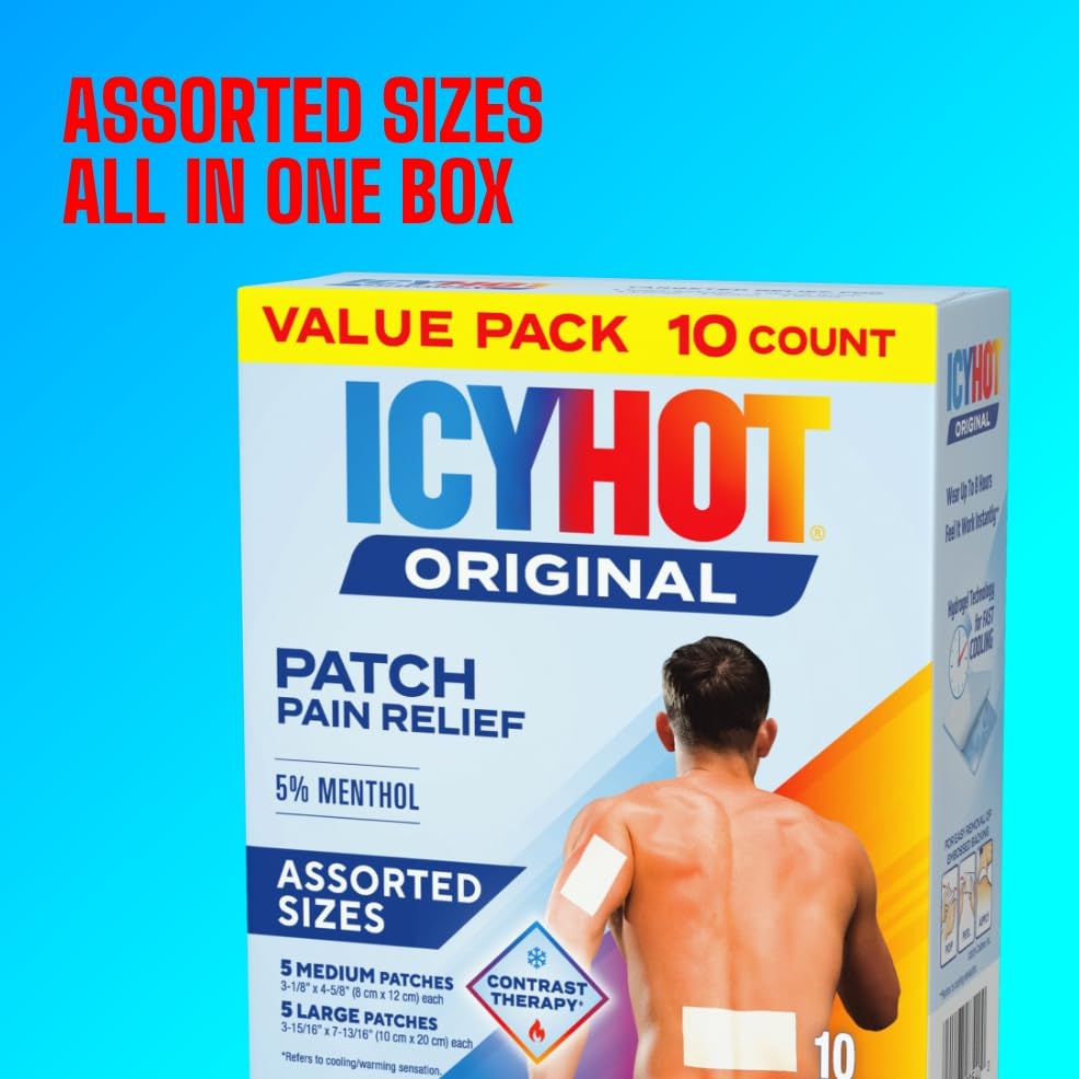 Icy Hot Original medium patch on shoulder shows easy flexible placement