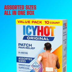 Icy Hot Original medium patch on shoulder shows easy flexible placement