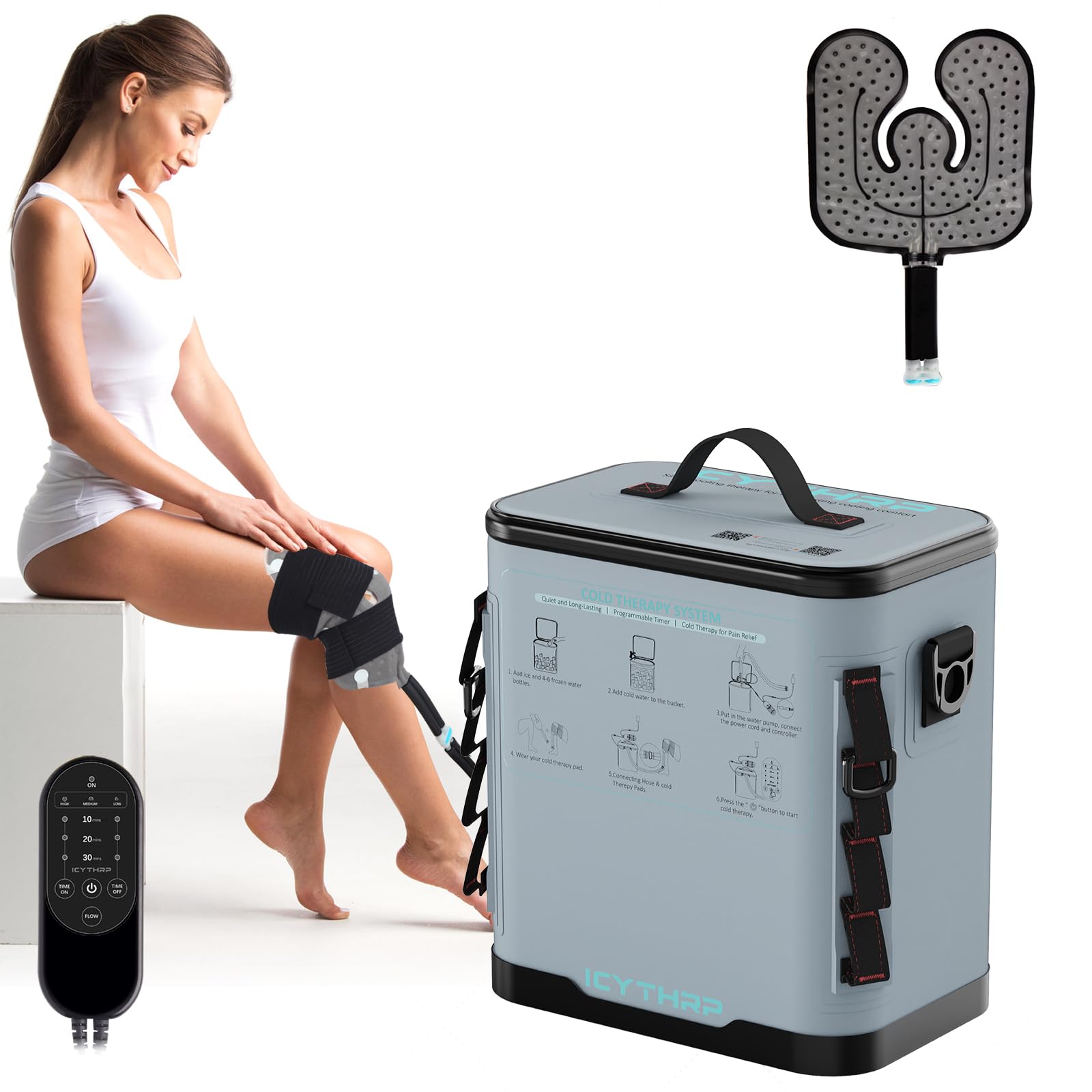 ICYTHRP cold therapy machine front view showing compact design for knee care