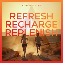 Ideal Infusion Hydration glass with ice showcasing refreshing electrolyte-enhanced drink.