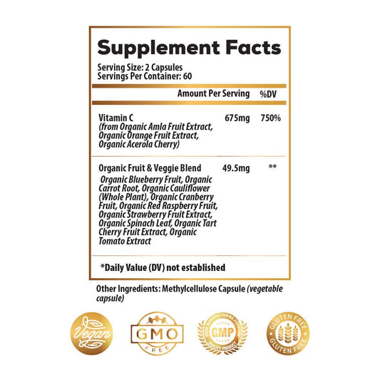 Ideal Infusion Vitamin C bottle side label highlighting natural whole-food ingredients.