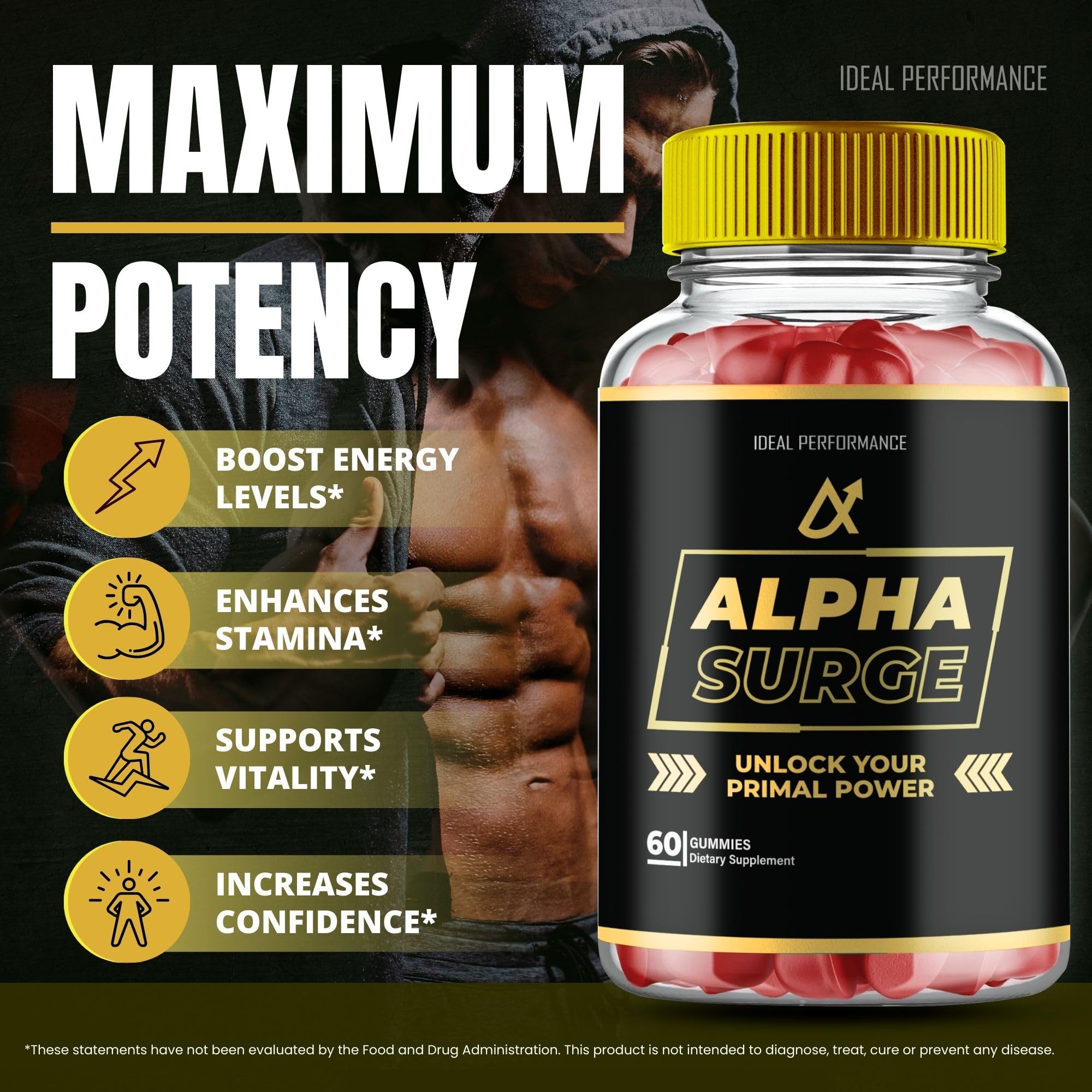 IDEAL PERFORMANCE Alpha Surge Gummies closeup shows chewy texture and appealing flavor