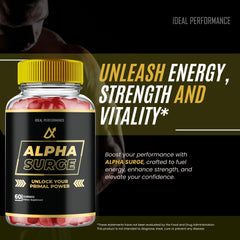 IDEAL PERFORMANCE Alpha Surge Gummies ingredients panel showcases natural components for informed use