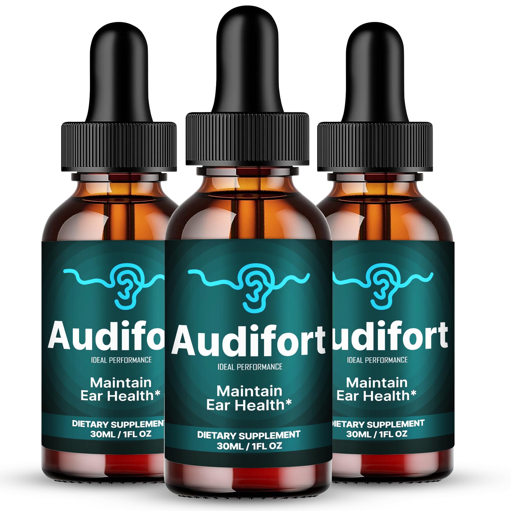 IDEAL PERFORMANCE Audifort tinnitus drops bottle for daily ear health support.