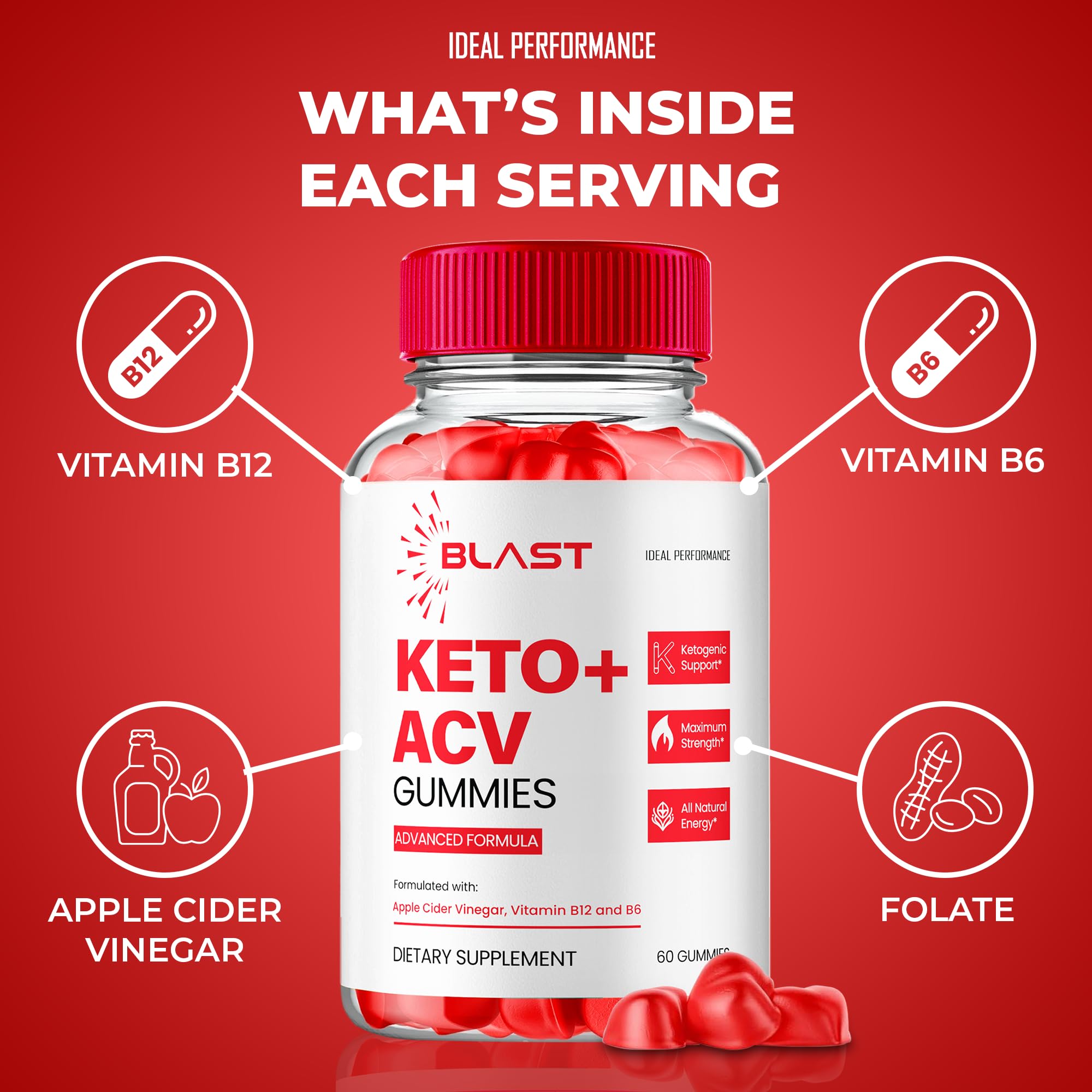 IDEAL PERFORMANCE Blast Keto ACV Gummies bottle pour ready for quick intake.