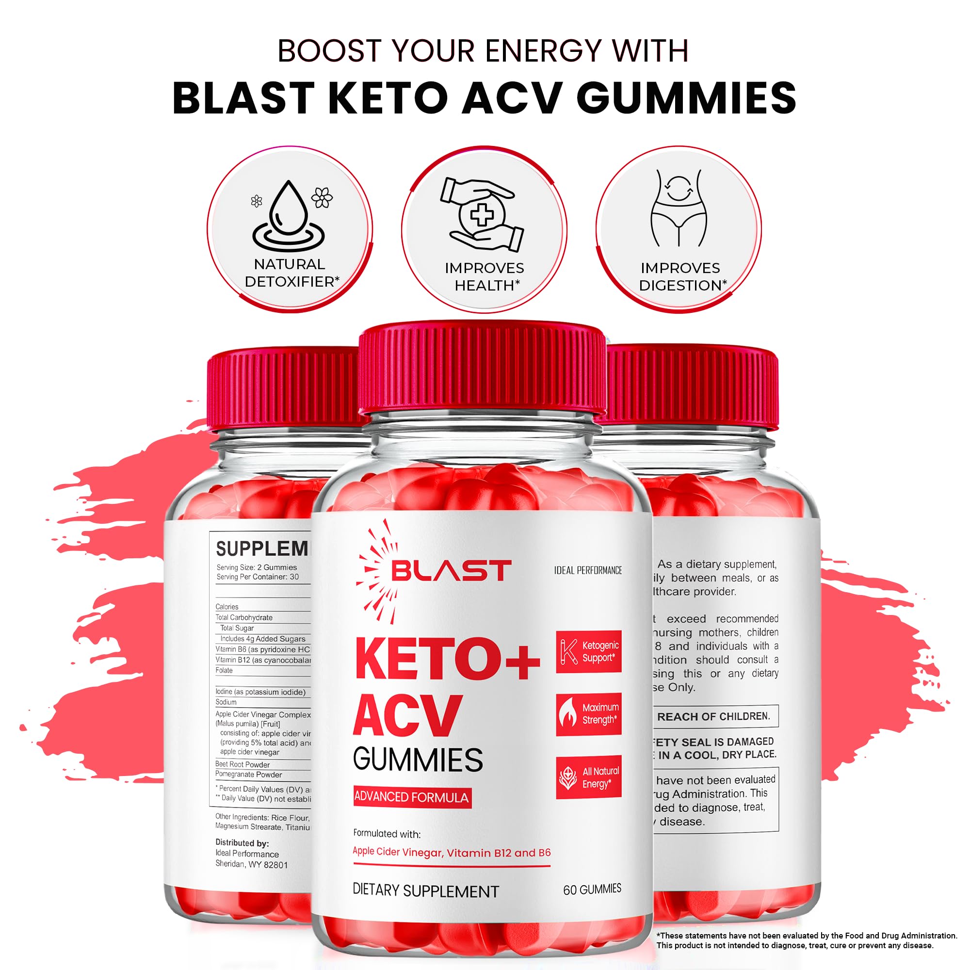 IDEAL PERFORMANCE Blast Keto ACV Gummies branding silhouette on clean background.
