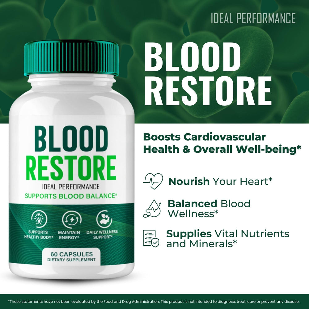 IDEAL PERFORMANCE Blood Restore Capsules label closeup highlights clear ingredients.