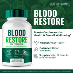 IDEAL PERFORMANCE Blood Restore Capsules label closeup highlights clear ingredients.
