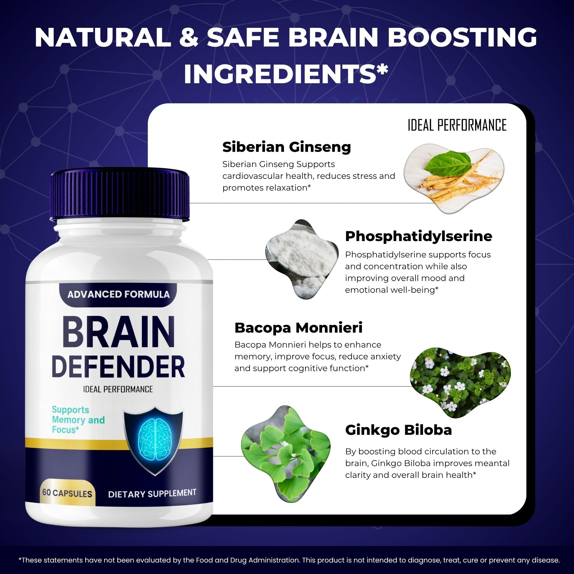 Ingredients graphic highlights natural components behind Brain Defender's support for informed choices
